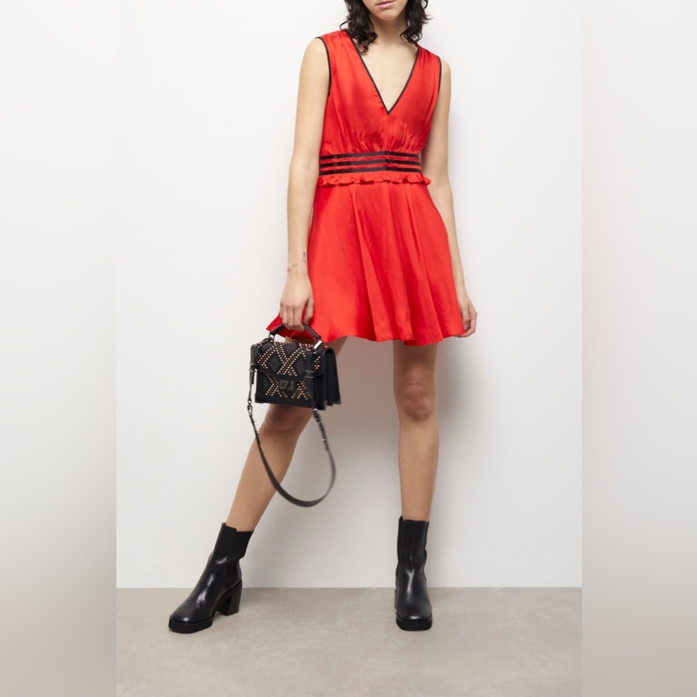 Red V-Neck Dress with Black Trim